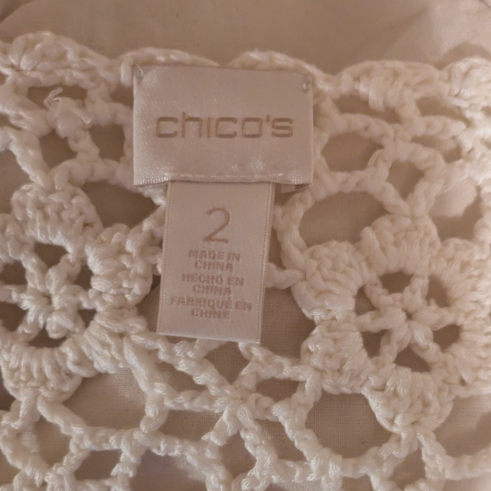 Chico's White Crochet Lace Trim Fringe Tunic Top Beach Cover Up Size 2- Large - Picture 4 of 7